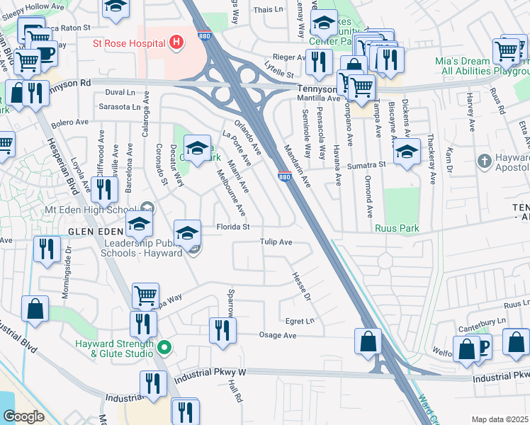 map of restaurants, bars, coffee shops, grocery stores, and more near 27844 Miami Avenue in Hayward