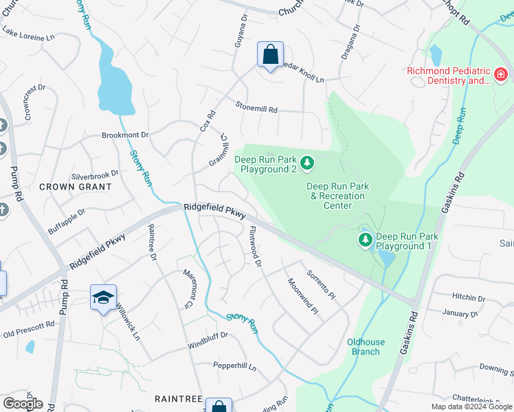 map of restaurants, bars, coffee shops, grocery stores, and more near 2114 Turtle Creek Drive in Richmond
