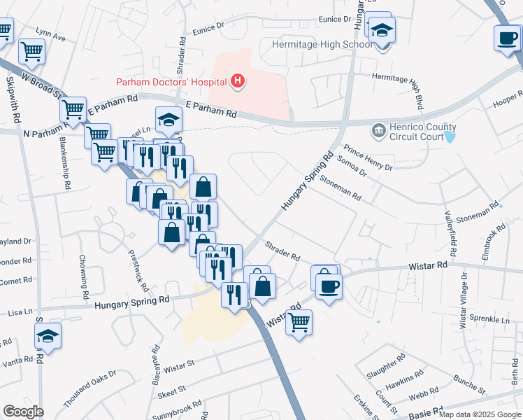 map of restaurants, bars, coffee shops, grocery stores, and more near 7599 Sunny Bank Drive in Richmond