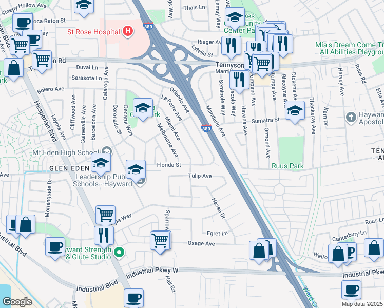 map of restaurants, bars, coffee shops, grocery stores, and more near 27844 Miami Avenue in Hayward