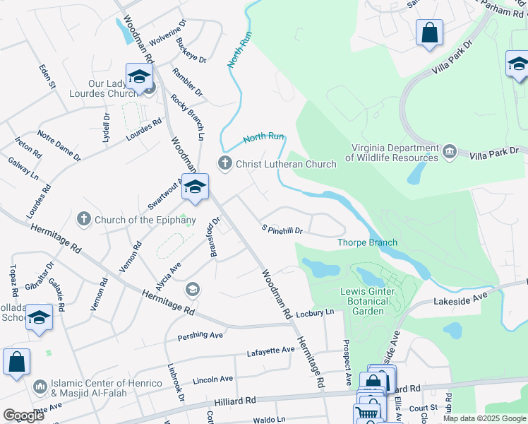 map of restaurants, bars, coffee shops, grocery stores, and more near 7613 North Pinehill Drive in Richmond