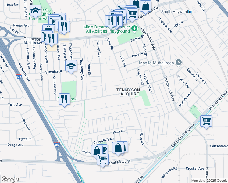 map of restaurants, bars, coffee shops, grocery stores, and more near 931 Snowberry Court in Hayward