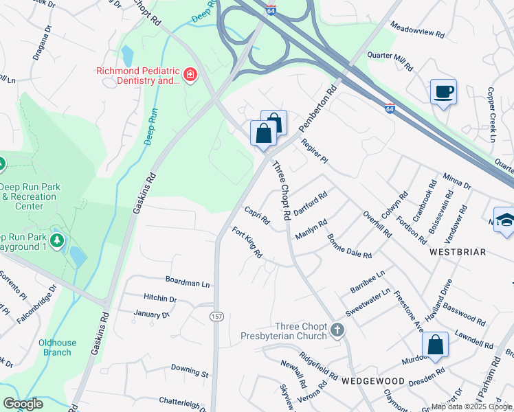 map of restaurants, bars, coffee shops, grocery stores, and more near 2100 Bambacus Road in Henrico