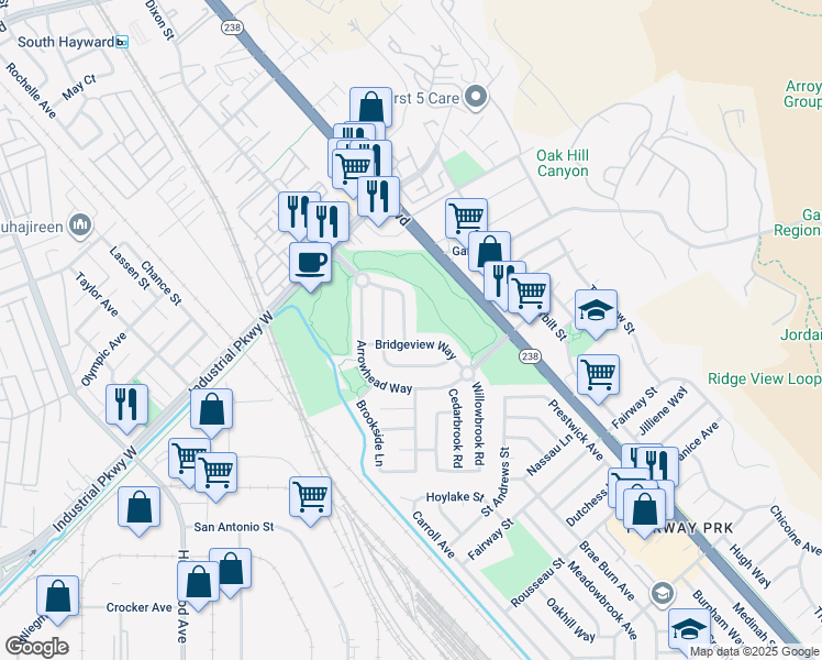 map of restaurants, bars, coffee shops, grocery stores, and more near 284 Bridgehead Lane in Hayward