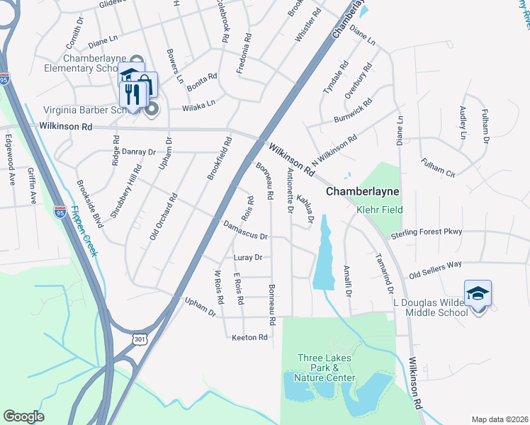 map of restaurants, bars, coffee shops, grocery stores, and more near 6014 Bonneau Road in Richmond
