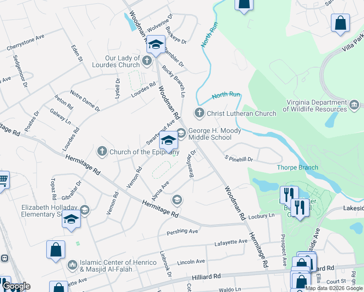 map of restaurants, bars, coffee shops, grocery stores, and more near 7802 Woodman Road in Henrico