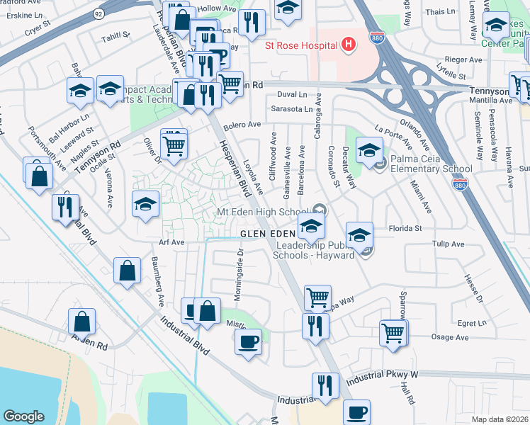 map of restaurants, bars, coffee shops, grocery stores, and more near 27764 Loyola Avenue in Hayward