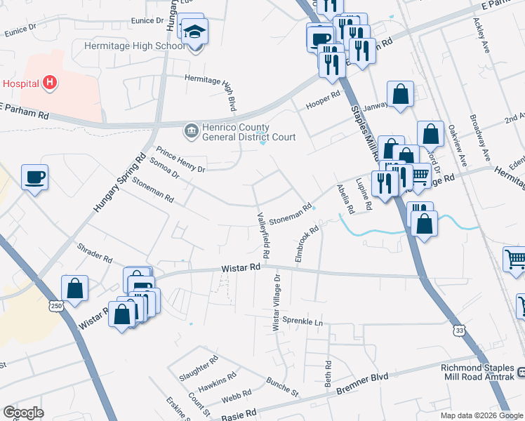 map of restaurants, bars, coffee shops, grocery stores, and more near 7112 Somoa Drive in Richmond
