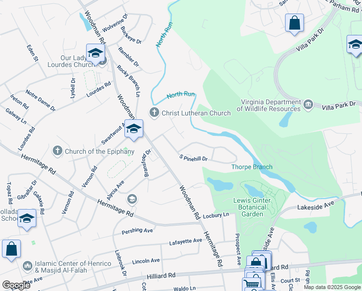 map of restaurants, bars, coffee shops, grocery stores, and more near 7613 North Pinehill Drive in Richmond