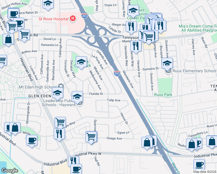 map of restaurants, bars, coffee shops, grocery stores, and more near 27830 Miami Avenue in Hayward