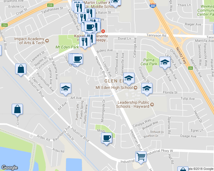 map of restaurants, bars, coffee shops, grocery stores, and more near 27726 Del Norte Court in Hayward