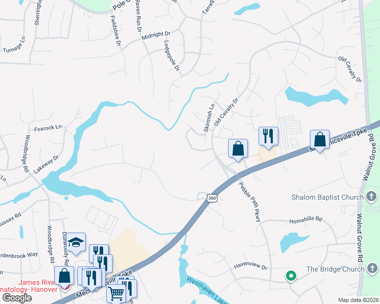 map of restaurants, bars, coffee shops, grocery stores, and more near 6160 Winding Hills Drive in Mechanicsville