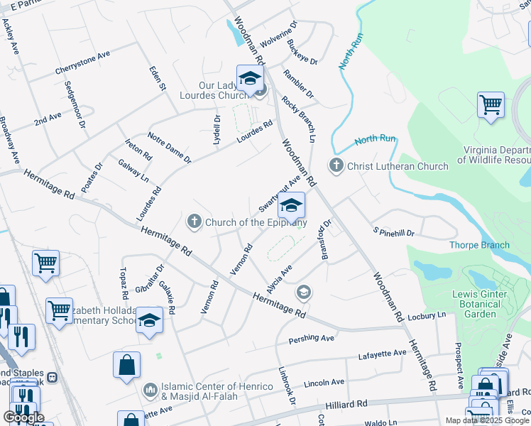 map of restaurants, bars, coffee shops, grocery stores, and more near 2429 Swartwout Avenue in Richmond