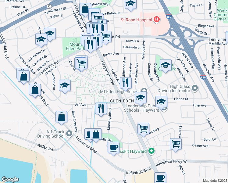 map of restaurants, bars, coffee shops, grocery stores, and more near 27726 Del Norte Court in Hayward