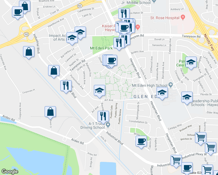 map of restaurants, bars, coffee shops, grocery stores, and more near 27753 Hummingbird Court in Hayward