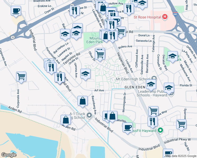 map of restaurants, bars, coffee shops, grocery stores, and more near 27753 Hummingbird Court in Hayward