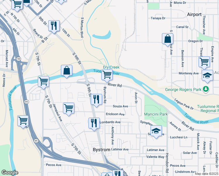 map of restaurants, bars, coffee shops, grocery stores, and more near 708 River Road in Modesto