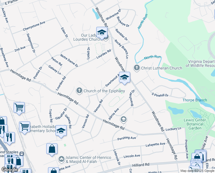 map of restaurants, bars, coffee shops, grocery stores, and more near 2429 Swartwout Avenue in Richmond