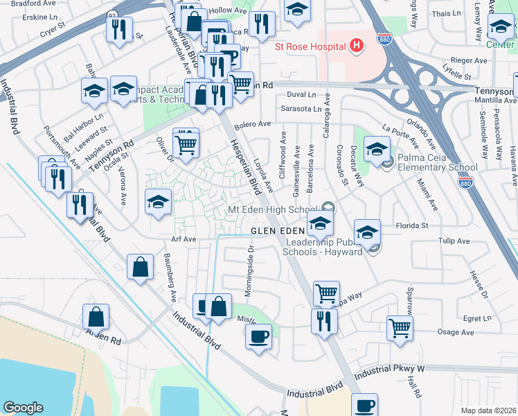 map of restaurants, bars, coffee shops, grocery stores, and more near 27726 Del Norte Court in Hayward