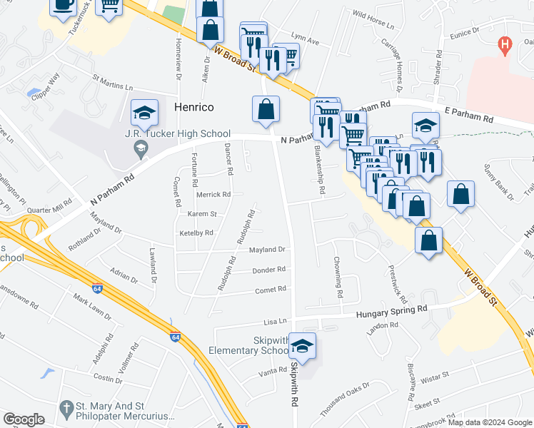 map of restaurants, bars, coffee shops, grocery stores, and more near 7500 Rudolph Court in Richmond