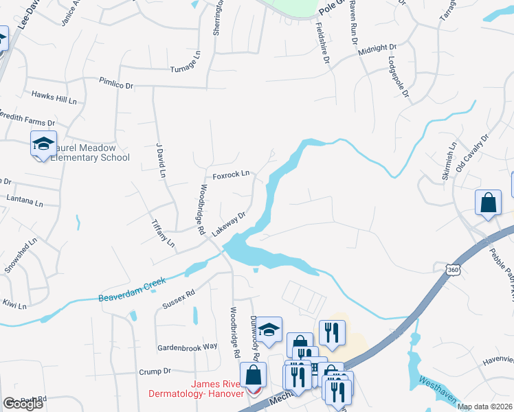 map of restaurants, bars, coffee shops, grocery stores, and more near 6353 Lakeway Drive in Mechanicsville