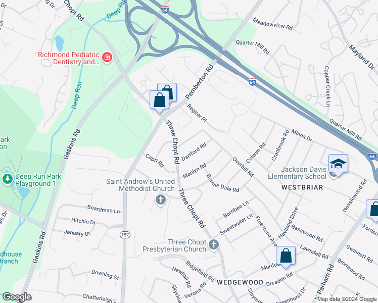 map of restaurants, bars, coffee shops, grocery stores, and more near 2206 Dartford Road in Richmond