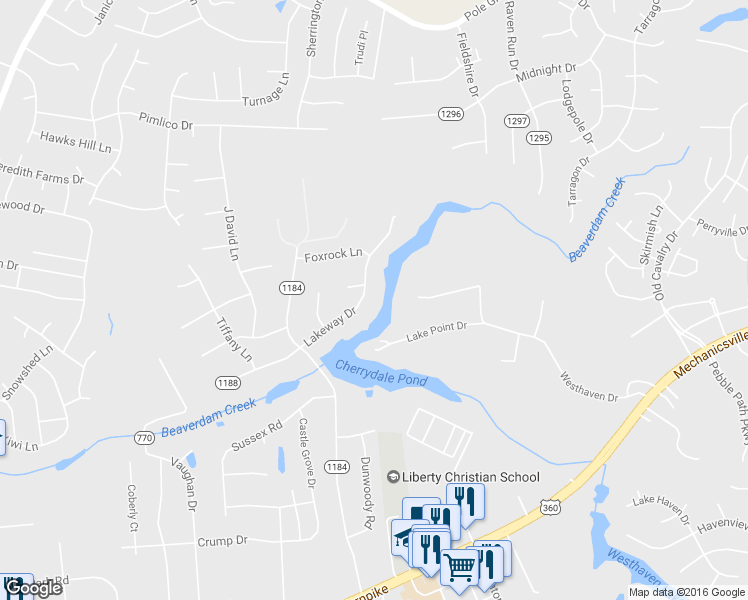 map of restaurants, bars, coffee shops, grocery stores, and more near 6353 Lakeway Drive in Mechanicsville