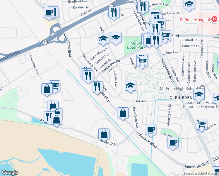 map of restaurants, bars, coffee shops, grocery stores, and more near 27553 Portsmouth Avenue in Hayward