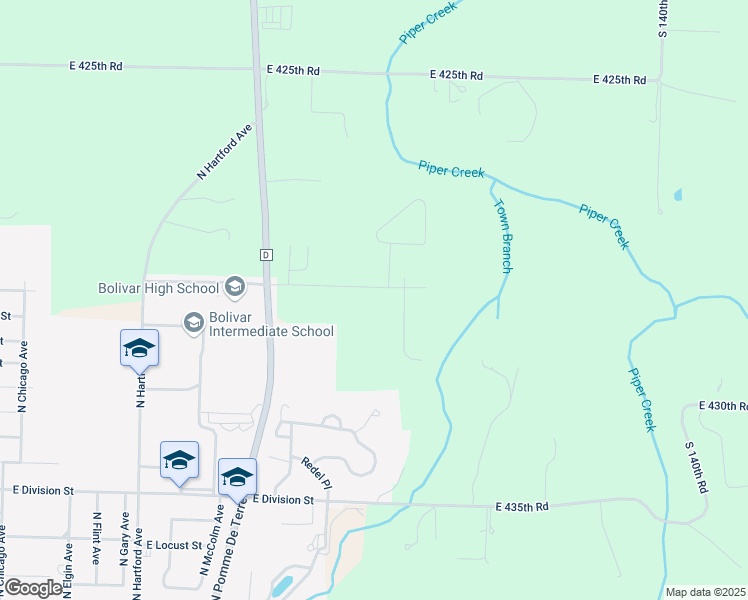 map of restaurants, bars, coffee shops, grocery stores, and more near 1348 East 430th Road in Bolivar