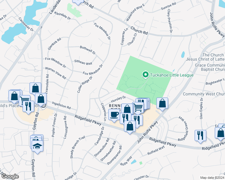 map of restaurants, bars, coffee shops, grocery stores, and more near 2442 Crystal Ridge Road in Richmond