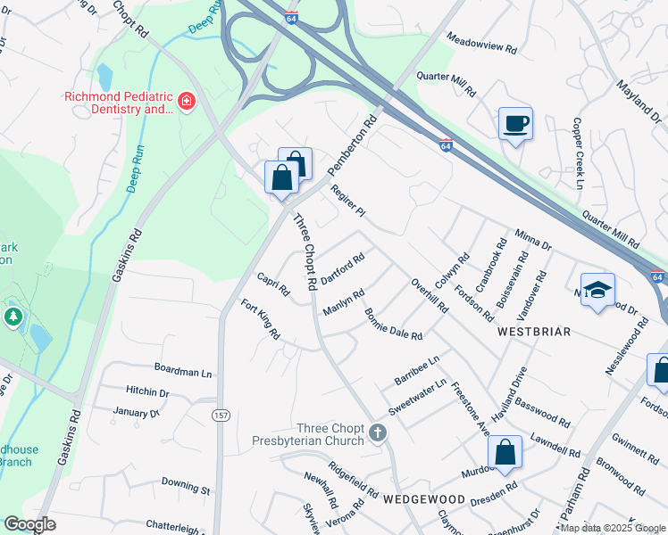 map of restaurants, bars, coffee shops, grocery stores, and more near 2206 Dartford Road in Richmond