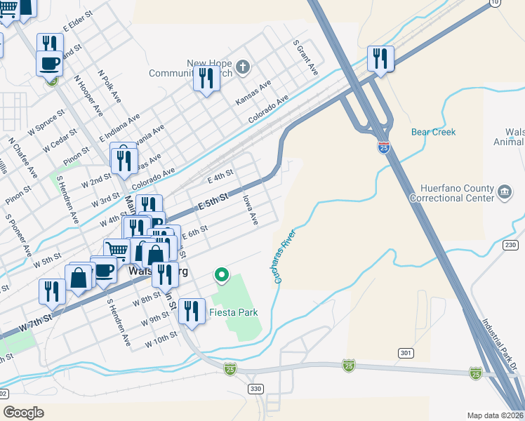 map of restaurants, bars, coffee shops, grocery stores, and more near 601-625 South Madison Avenue in Walsenburg
