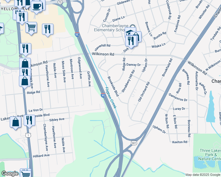 map of restaurants, bars, coffee shops, grocery stores, and more near 407 Brookside Boulevard in Richmond