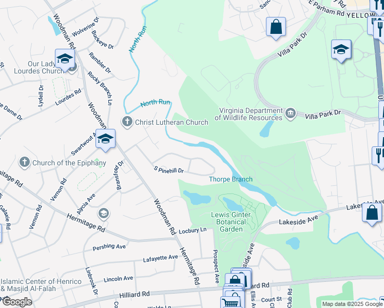 map of restaurants, bars, coffee shops, grocery stores, and more near 7517 North Pinehill Drive in Richmond