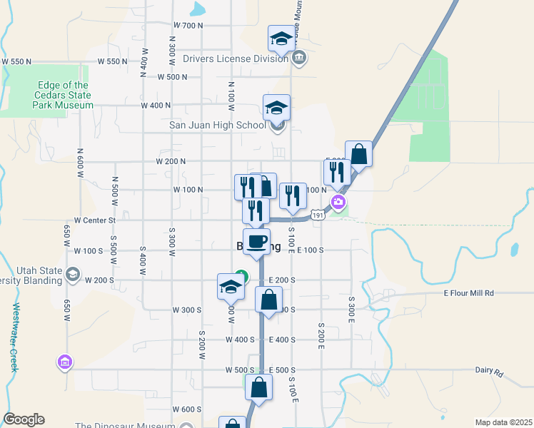 map of restaurants, bars, coffee shops, grocery stores, and more near 2-98 North Main Street in Blanding