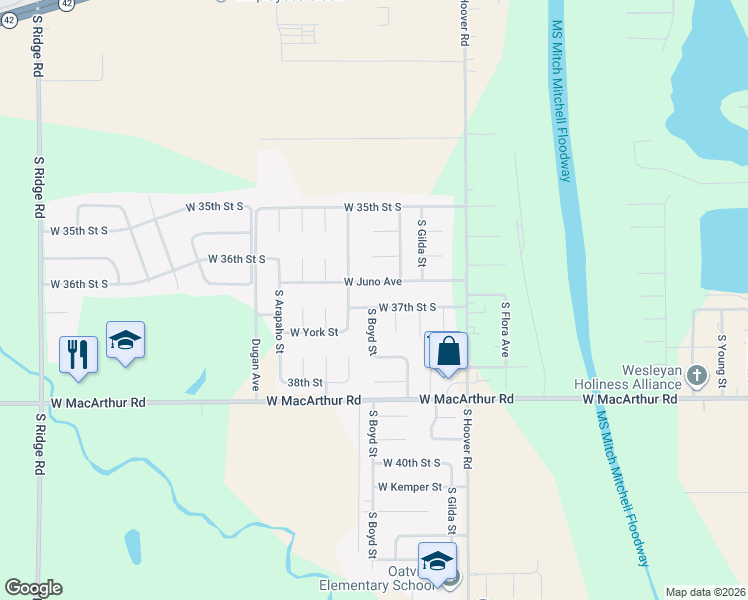 map of restaurants, bars, coffee shops, grocery stores, and more near 5927 Juno St in Wichita
