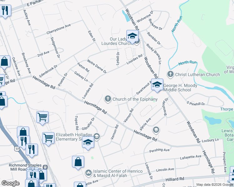 map of restaurants, bars, coffee shops, grocery stores, and more near 7515 Oakmont Drive in Richmond