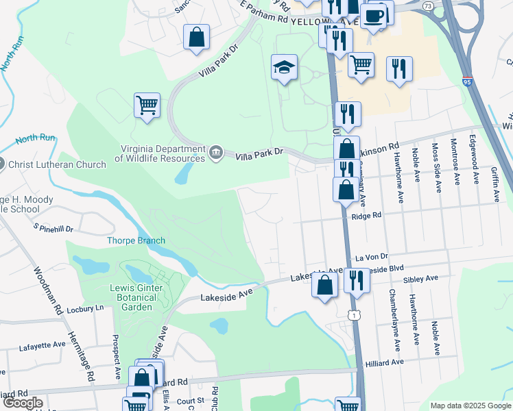 map of restaurants, bars, coffee shops, grocery stores, and more near 1506 Oak Grove Drive in Henrico