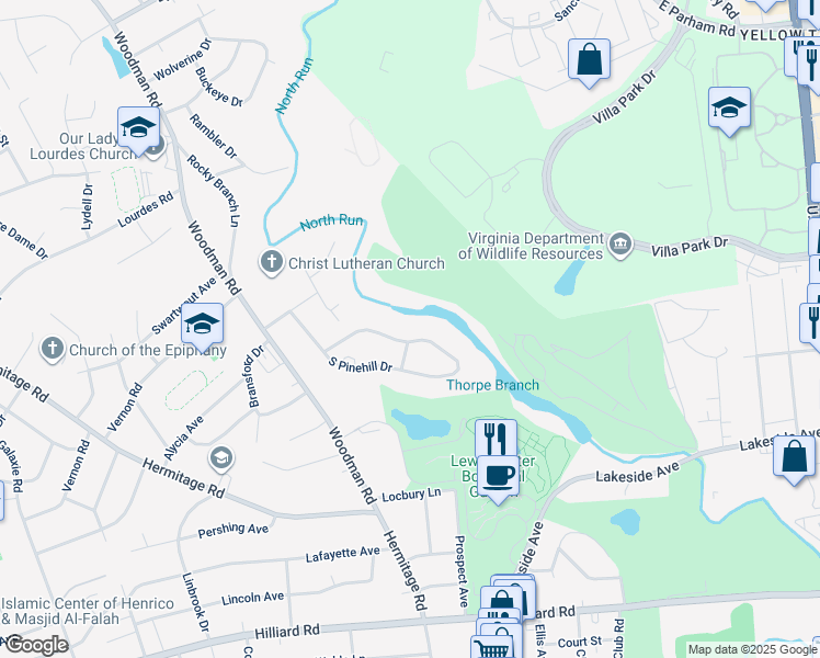 map of restaurants, bars, coffee shops, grocery stores, and more near 7517 North Pinehill Drive in Richmond