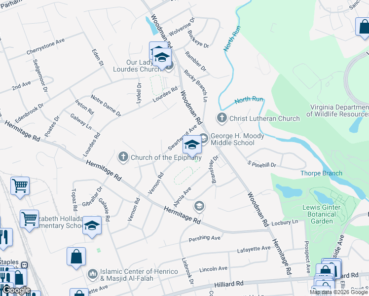 map of restaurants, bars, coffee shops, grocery stores, and more near 2412 Vernon Road in Richmond