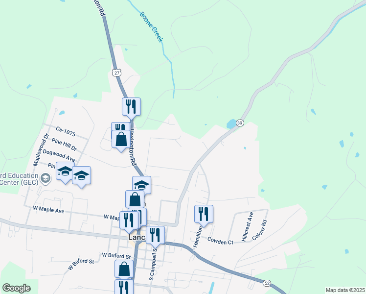 map of restaurants, bars, coffee shops, grocery stores, and more near 118 Haselden Heights in Lancaster