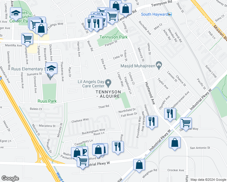 map of restaurants, bars, coffee shops, grocery stores, and more near 849 Folsom Avenue in Hayward