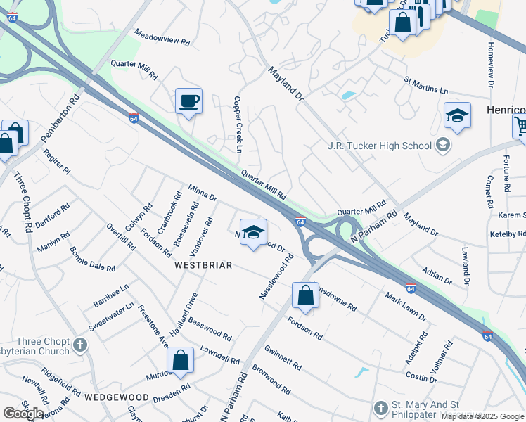 map of restaurants, bars, coffee shops, grocery stores, and more near 8824 Minna Drive in Henrico