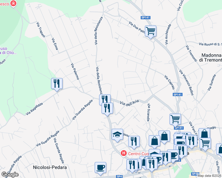 map of restaurants, bars, coffee shops, grocery stores, and more near 22 Via Antonio Pacinotti in Pedara