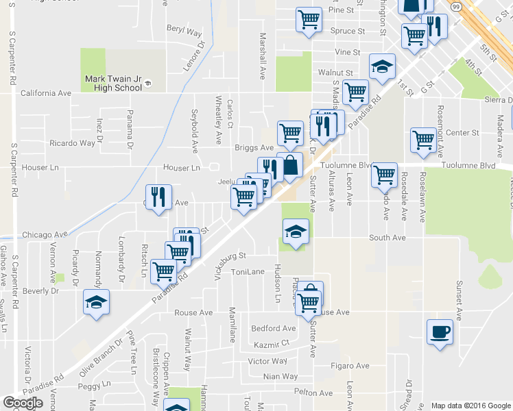 map of restaurants, bars, coffee shops, grocery stores, and more near 611 Paradise Rd in Modesto