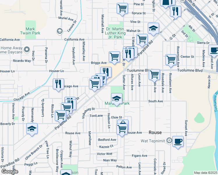 map of restaurants, bars, coffee shops, grocery stores, and more near 620 Paradise Road in Modesto