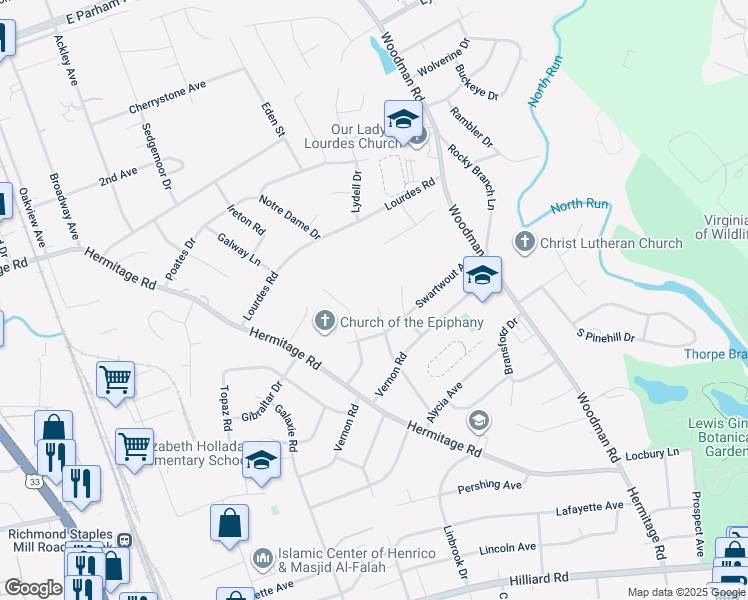 map of restaurants, bars, coffee shops, grocery stores, and more near 8010 Dalmain Drive in Richmond