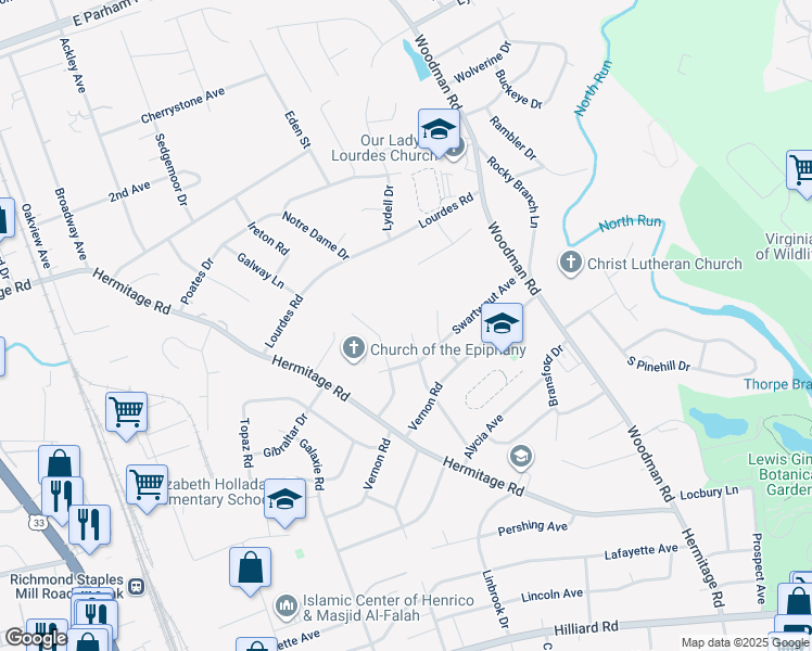 map of restaurants, bars, coffee shops, grocery stores, and more near 8010 Dalmain Drive in Richmond