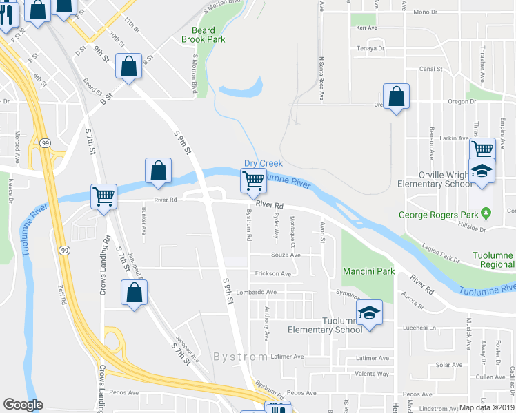 map of restaurants, bars, coffee shops, grocery stores, and more near 708 River Road in Modesto