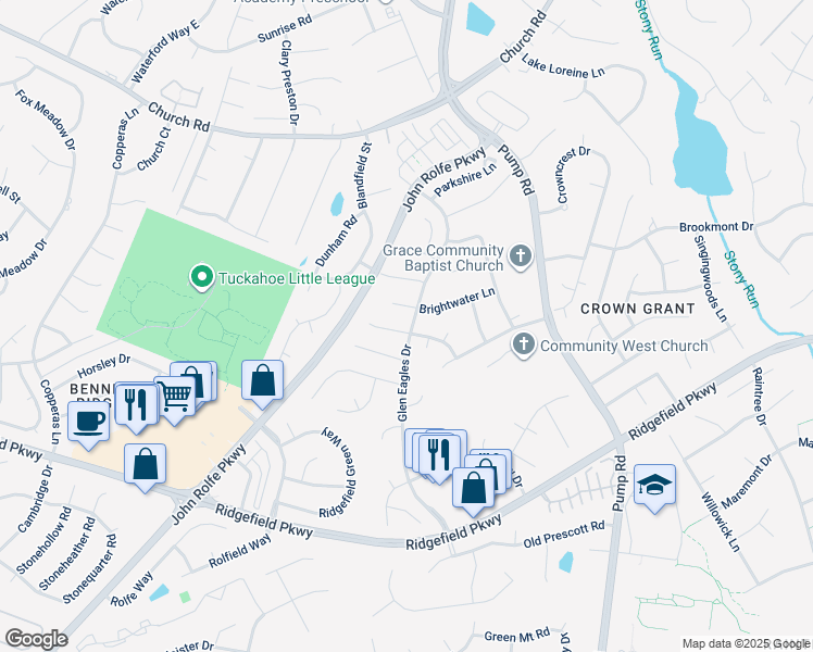 map of restaurants, bars, coffee shops, grocery stores, and more near 2401 Bridgehaven Terrace in Henrico